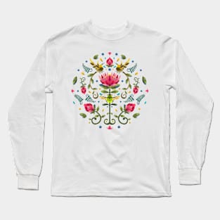 Light Protea Circular Design with Cape Sugarbird and Green Beetle Long Sleeve T-Shirt